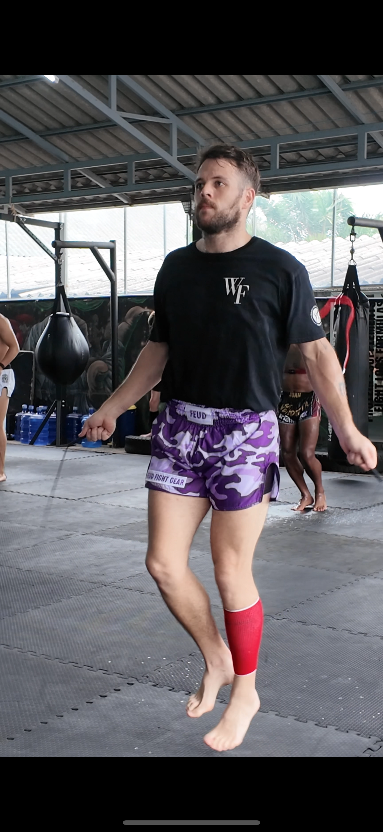 Video of Muay Thai training in Purple Camo Thai Shorts