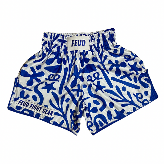 Blue and white matisse style printed thai shorts from Aus brand feud fight gear