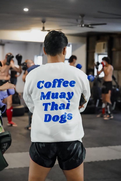 LIMITED RELEASE - Retro Blue Three Things Thai Sweater - Coffee, Muay Thai, Dogs