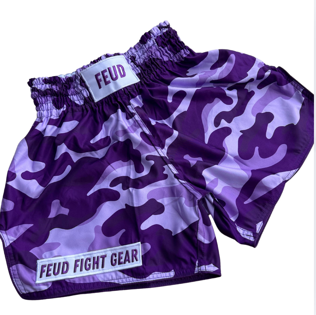 Purple Camo Thai Shorts front