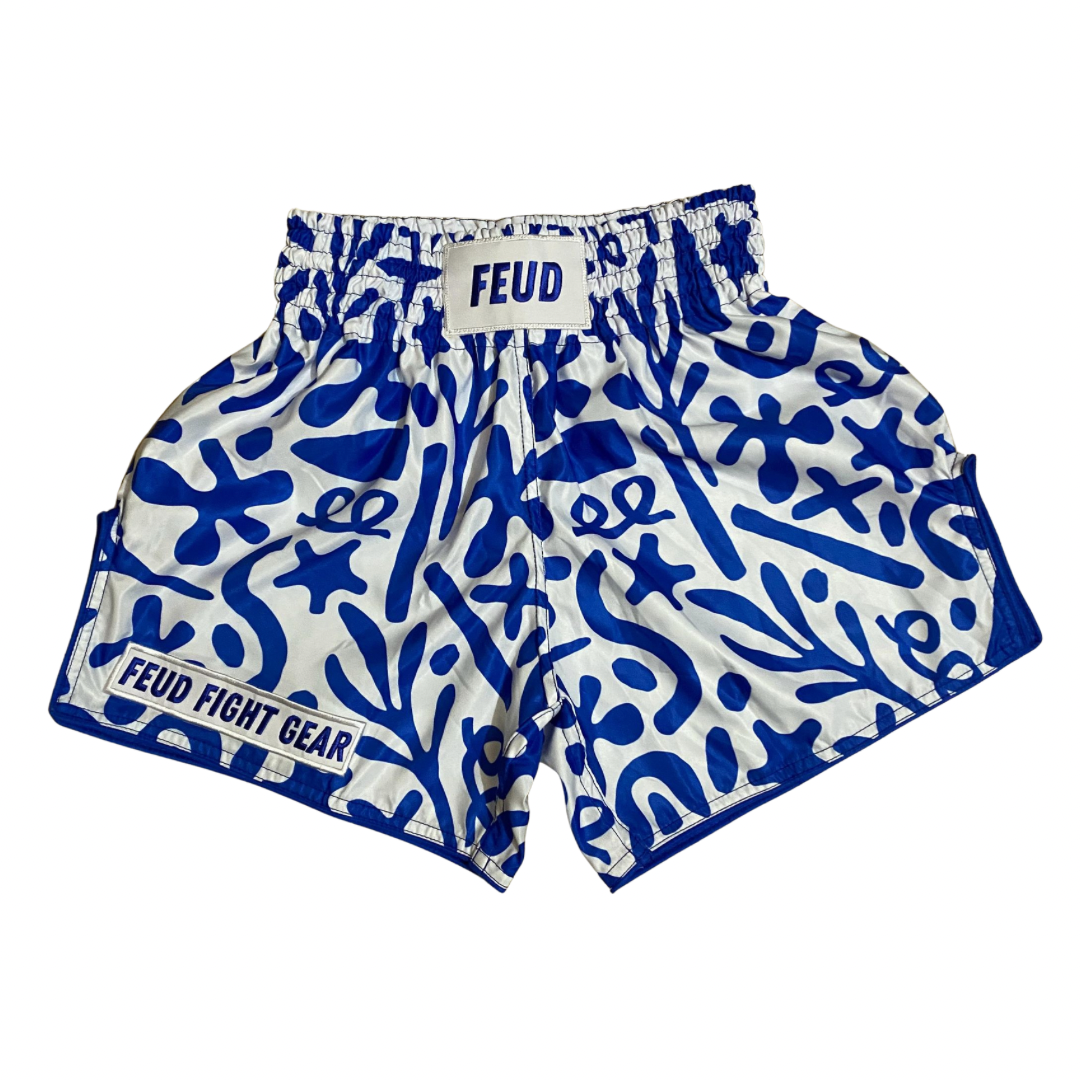 Blue and white matisse style printed thai shorts from Aus brand feud fight gear 